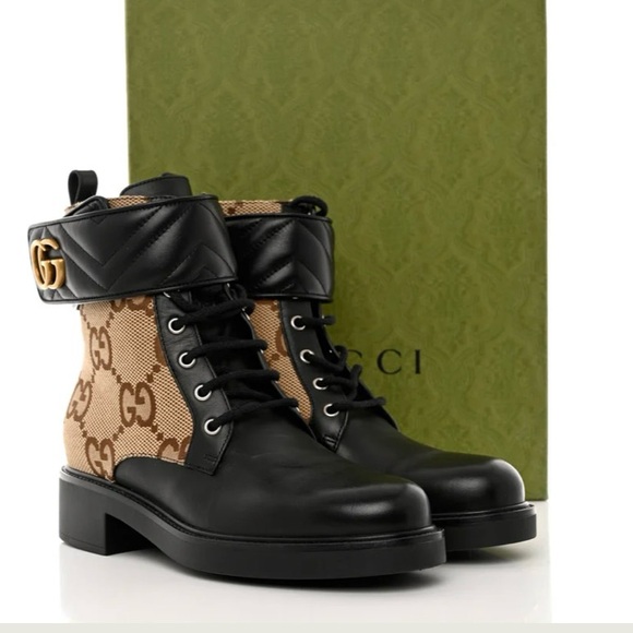 Gucci GG Marmont Round toe Leather and Canvas ankle Boots - Picture 4 of 17